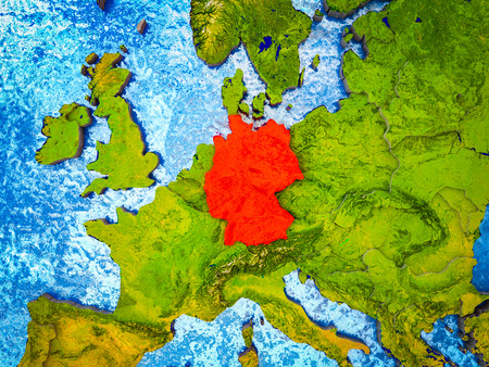 Germany on model of 3D Earth with blue oceans and divided countries. 3D illustration.の写真素材