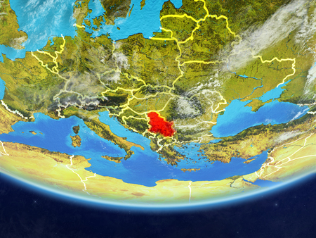 Serbia on realistic model of planet Earth with country borders and very detailed planet surface and clouds. 3D illustration.の写真素材