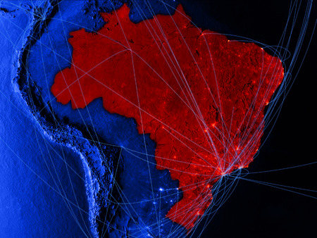Brazil on blue digital map with networks. Concept of international travel, communication and technology. 3D illustration.の写真素材