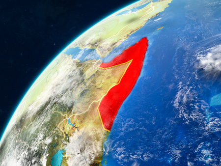 Somalia on realistic model of planet Earth with country borders and very detailed planet surface and clouds. 3D illustration.の写真素材