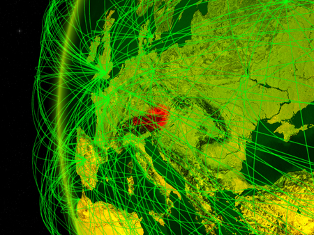 Austria from space on digital model of Earth with international networks. Concept of digital communication or travel. 3D illustration.の写真素材