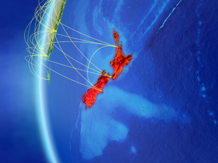 New Zealand from space on model of Earth with international network. Concept of digital communication or travel. 3D illustration.の写真素材