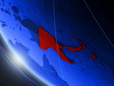 Papua New Guinea on blue digital planet Earth from space with network. Concept of international communication, technology and travel. 3D illustration.の写真素材