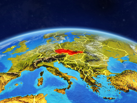 Former Czechoslovakia on planet Earth with country borders and highly detailed planet surface and clouds. 3D illustration.の写真素材