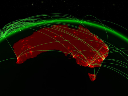 Australia on green planet Earth with international network representing communication, travel and connections. 3D illustration.の写真素材