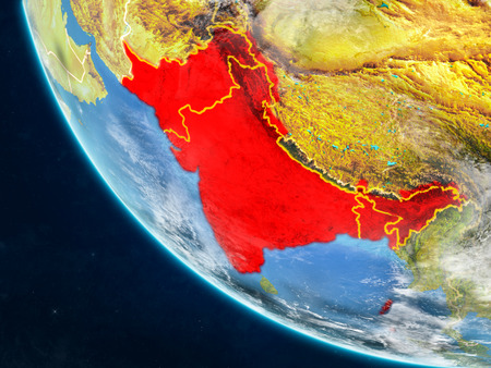 British India on planet Earth from space with country borders. Very fine detail of planet surface and clouds. 3D illustration.の写真素材