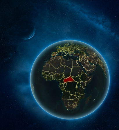 Central Africa at night from space with Moon and Milky Way. Detailed planet Earth with city lights and visible country borders. 3D illustration.の写真素材