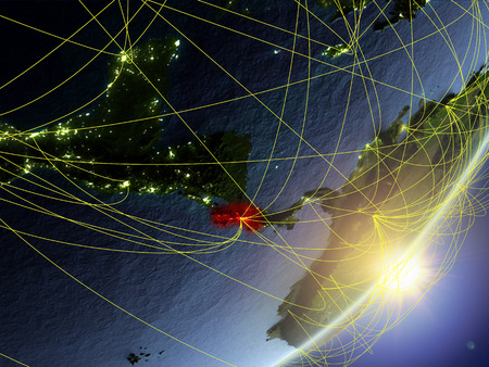 Costa Rica on model of planet Earth with network during sunrise. Concept of new technology, communication and travel. 3D illustration.の写真素材