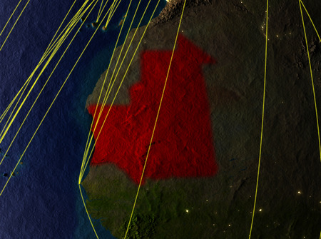Mauritania from space on model of planet Earth with networks. Detailed planet surface with city lights. 3D illustration.の写真素材