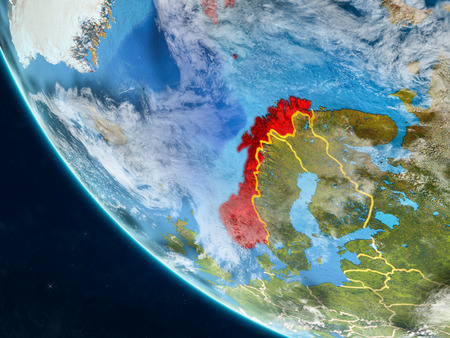 Norway on planet Earth from space with country borders. Very fine detail of planet surface and clouds. 3D illustration.の写真素材
