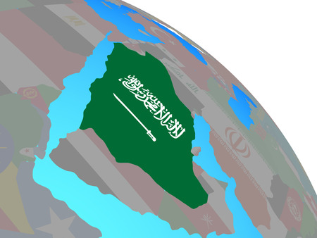 Saudi Arabia with national flag on simple blue political globe. 3D illustration.の写真素材