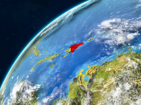 Dominican Republic on realistic model of planet Earth with country borders and very detailed planet surface and clouds. 3D illustration.の写真素材
