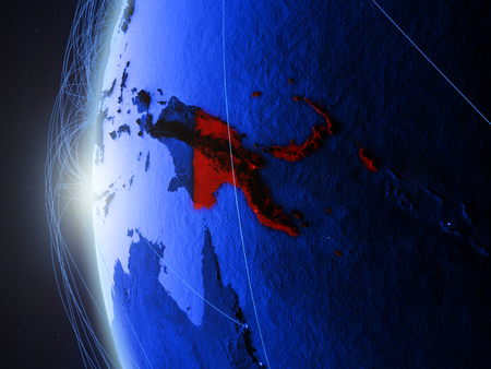 Papua New Guinea from space on blue digital model of Earth with international network. Concept of blue digital communication or travel. 3D illustration.の写真素材