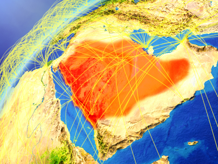 Saudi Arabia on model of planet Earth with international networks. Concept of digital communication and technology. 3D illustration.の写真素材