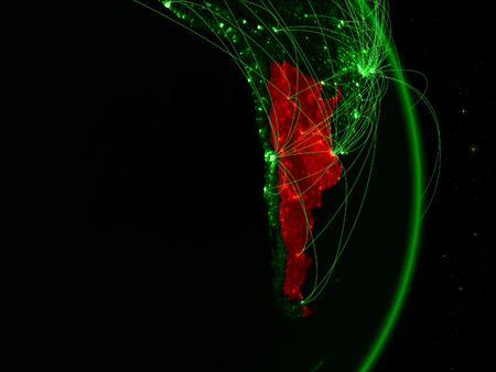 Argentina on green planet Earth with network. Concept of connectivity, travel and communication. 3D illustration.の写真素材