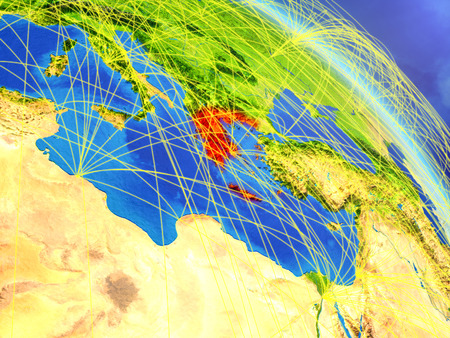 Greece from space on model of planet Earth with network. Concept of digital technology, connectivity and travel. 3D illustration.の写真素材