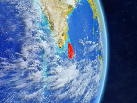 Sri Lanka on planet planet Earth with country borders. Extremely detailed planet surface and clouds. 3D illustration.の写真素材