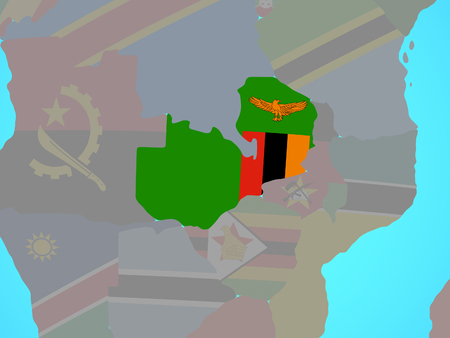 Zambia with national flag on blue political globe. 3D illustration.の写真素材