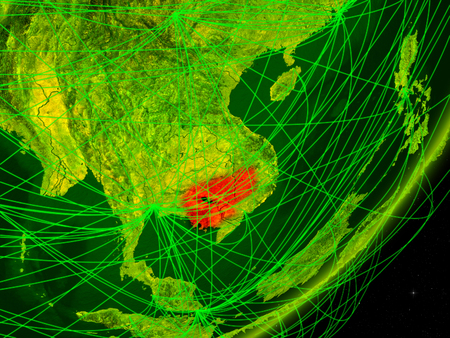 Cambodia on green model of planet Earth with network at night. Concept of digital technology, communication and travel. 3D illustration.の写真素材