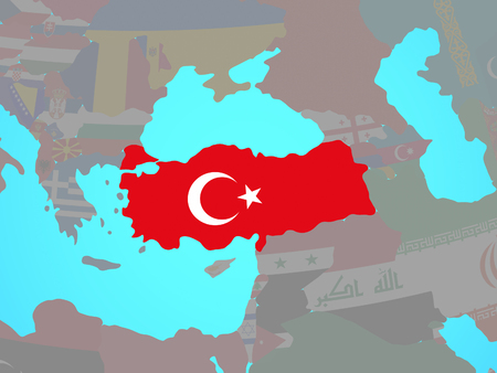 Turkey with national flag on blue political globe. 3D illustration.の写真素材