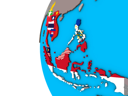 ASEAN member states with national flags on blue political 3D globe. 3D illustration.の写真素材