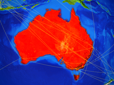 Australia from space on model of planet Earth with networks. Detailed planet surface with city lights. 3D illustration.の写真素材