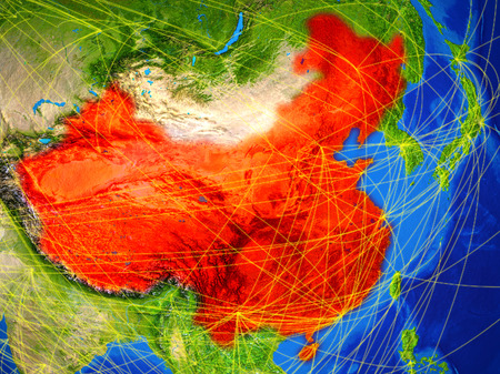 China from space on model of planet Earth with networks. Detailed planet surface with city lights. 3D illustration.の写真素材