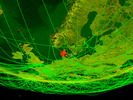 Denmark on green model of planet Earth with network representing digital age, travel and communication. 3D illustration.の写真素材