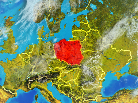 Poland from space on model of planet Earth with country borders. Extremely fine detail of planet surface and clouds. 3D illustration.の写真素材