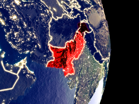 Satellite view of Pakistan at night with visible bright city lights. Extremely fine detail of the plastic planet surface. 3D illustration.の写真素材