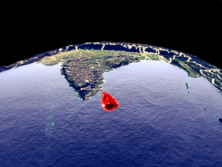 Sri Lanka from space on planet Earth at night with bright city lights. Detailed plastic planet surface with real mountains. 3D illustration.の写真素材