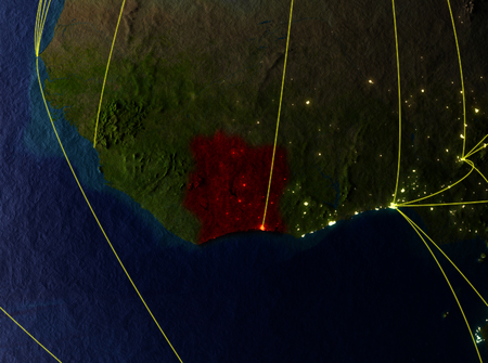 Ivory Coast from space on model of planet Earth with networks. Detailed planet surface with city lights. 3D illustration.の写真素材