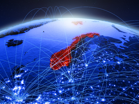 Norway on blue digital planet Earth with international network representing communication, travel and connections. 3D illustration.の写真素材