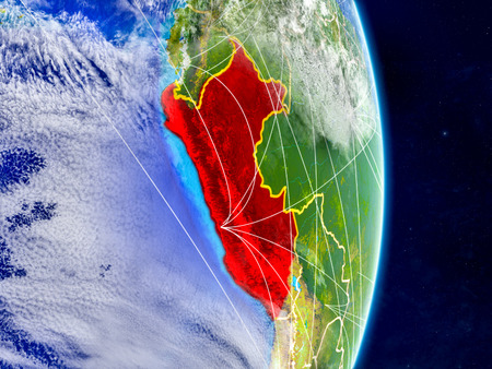 Peru on planet Earth with networks. Extremely detailed planet surface and clouds. 3D illustration.の写真素材