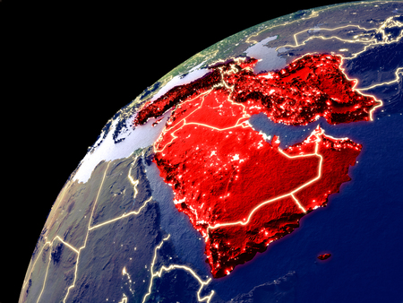 Satellite view of Western Asia on Earth with city lights. Extremely detailed plastic planet surface with real mountains. 3D illustration.の写真素材