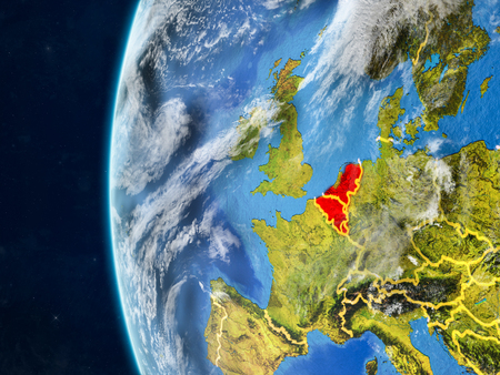 Benelux Union from space on model of planet Earth with country borders and very detailed planet surface and clouds. 3D illustration.の写真素材