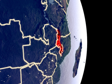 Satellite view of Malawi at night with visible bright city lights. Extremely fine detail of the plastic planet surface. 3D illustration.の写真素材