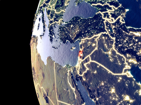 Night view of Lebanon from space with visible city lights. Very detailed plastic planet surface. 3D illustration.の写真素材