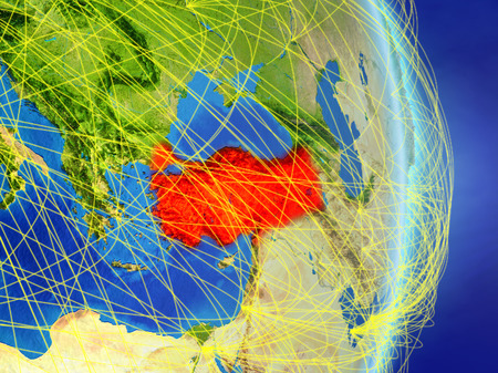 Turkey on planet planet Earth with network. Concept of connectivity, travel and communication. 3D illustration.の写真素材