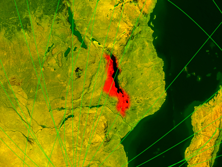 Malawi on digital map with networks. Concept of international travel, communication and technology. 3D illustration.の写真素材