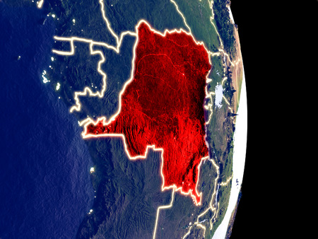 Satellite view of Dem Rep of Congo at night with visible bright city lights. Extremely fine detail of the plastic planet surface. 3D illustration.の写真素材