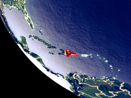 Orbit view of Dominican Republic at night with bright city lights. Very detailed plastic planet surface. 3D illustration.の写真素材