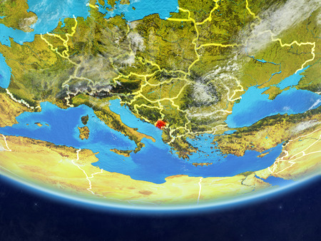 Montenegro on realistic model of planet Earth with country borders and very detailed planet surface and clouds. 3D illustration.の写真素材