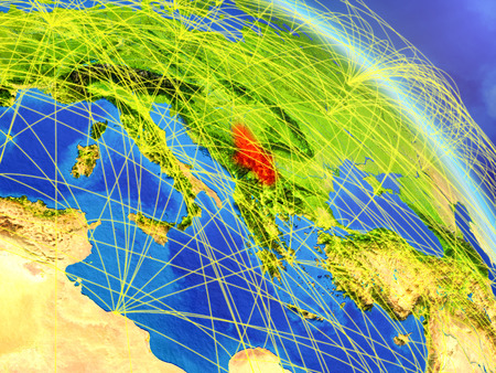 Serbia from space on model of planet Earth with network. Concept of digital technology, connectivity and travel. 3D illustration.の写真素材