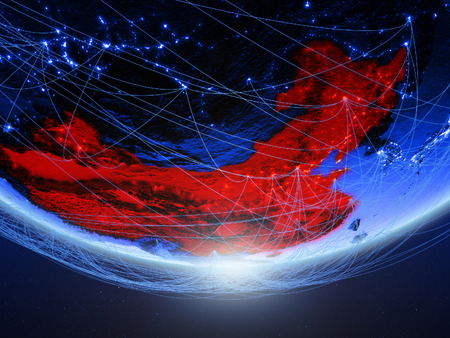 China on green model of planet Earth with network representing blue digital age, travel and communication. 3D illustration.の写真素材
