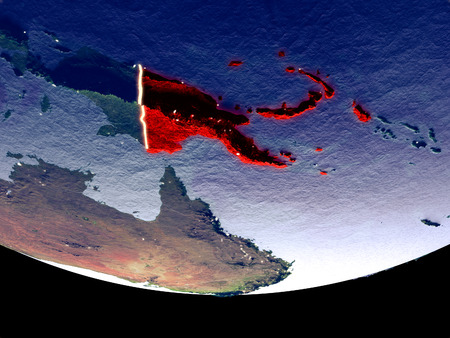 Satellite view of Papua New Guinea from space at night. Beautifully detailed plastic planet surface with visible city lights. 3D illustration.の写真素材