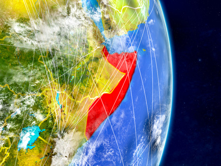Somalia on planet Earth with networks. Extremely detailed planet surface and clouds. 3D illustration.の写真素材