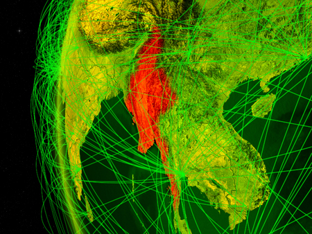 Myanmar from space on digital model of Earth with international networks. Concept of digital communication or travel. 3D illustration.の写真素材
