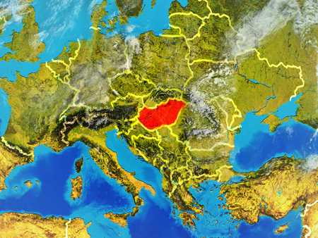 Hungary from space on model of planet Earth with country borders. Extremely fine detail of planet surface and clouds. 3D illustration.の写真素材