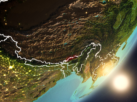 Bhutan from space with highly detailed surface textures and visible country borders. 3D illustration.の写真素材
